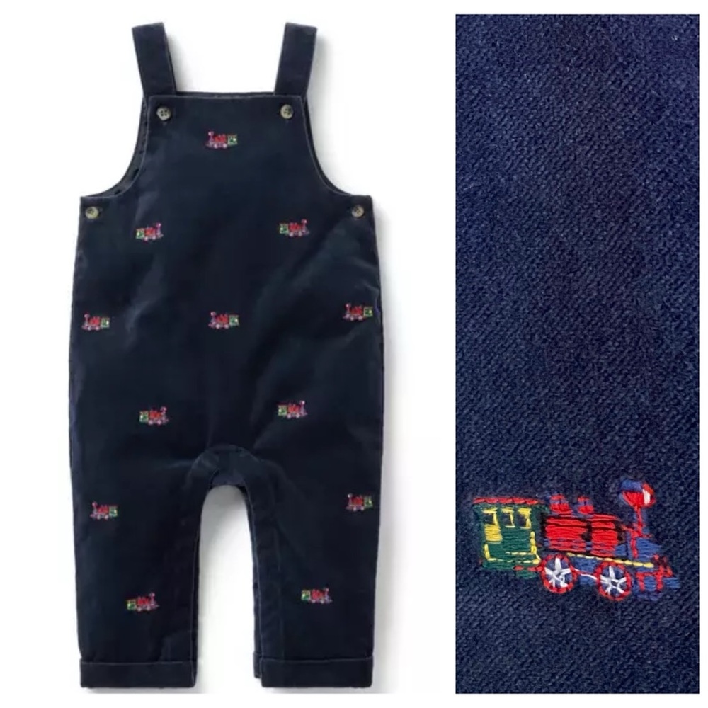 Janie and Jack Navy Blue Velvet Embroidered Holiday Train Overalls 6-12 months
